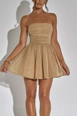 Y2K Strapless Sequin Mini Dress with Bow and Mesh