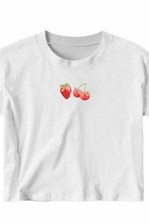 Y2K Strawberry Coquette Crop Top | Dollette Aesthetic Bow Fruits