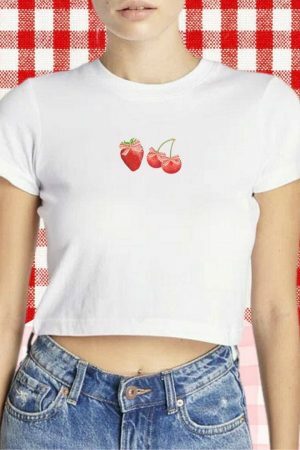 Y2K Strawberry Coquette Crop Top | Dollette Aesthetic Bow Fruits