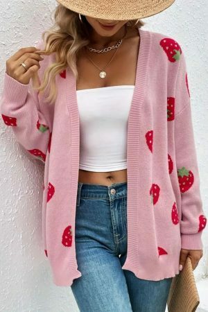 Y2K Strawberry Embroidered Knit Cardigan Vintage Streetwear Top