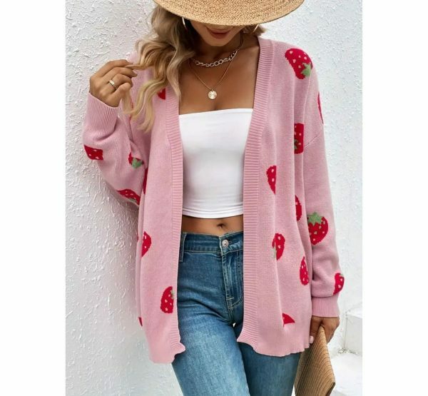 Y2K Strawberry Embroidered Knit Cardigan Vintage Streetwear Top