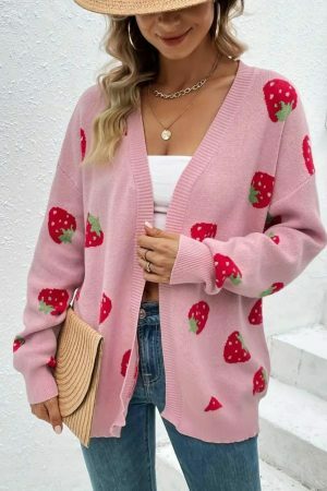 Y2K Strawberry Embroidered Knit Cardigan Vintage Streetwear Top