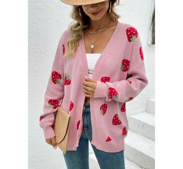 Y2K Strawberry Embroidered Knit Cardigan Vintage Streetwear Top