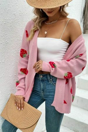 Y2K Strawberry Embroidered Knit Cardigan Vintage Streetwear Top