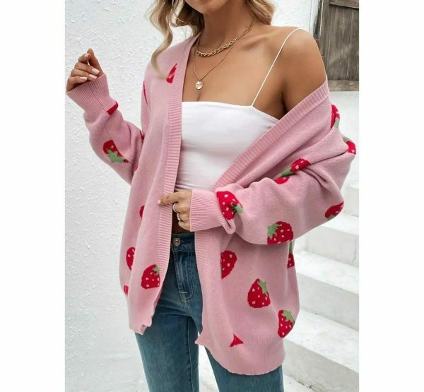 Y2K Strawberry Embroidered Knit Cardigan Vintage Streetwear Top