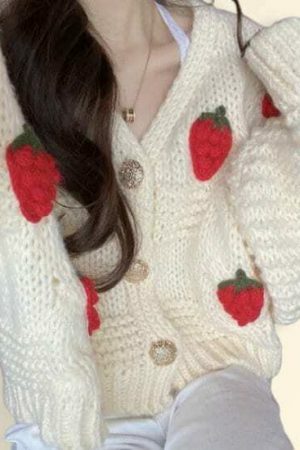 Y2K Strawberry Patchwork Knitted Loose Cardigan Sweater