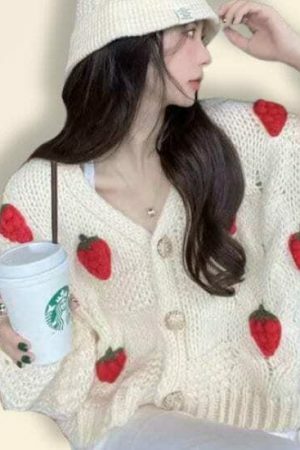 Y2K Strawberry Patchwork Knitted Loose Cardigan Sweater