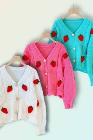 Y2K Strawberry Patchwork Knitted Loose Cardigan Sweater