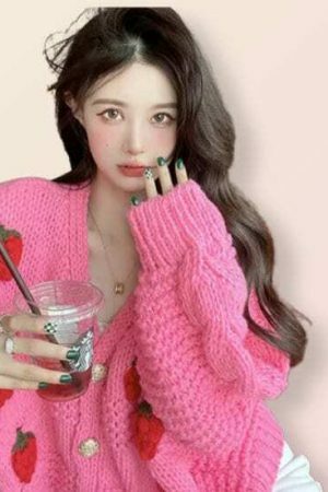 Y2K Strawberry Patchwork Knitted Loose Cardigan Sweater