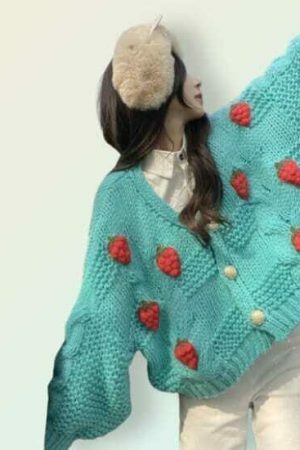 Y2K Strawberry Patchwork Knitted Loose Cardigan Sweater