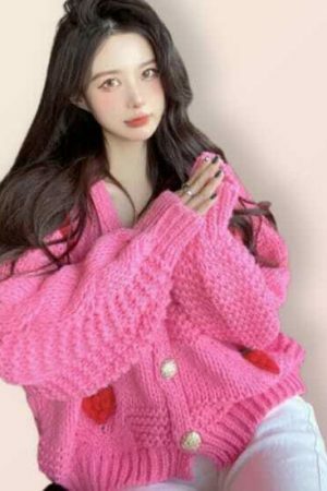 Y2K Strawberry Patchwork Knitted Loose Cardigan Sweater