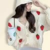 Y2K Strawberry Print Embroidered Cardigan Sweatshirt