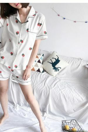 Y2K Strawberry Print Shorts Set for Women: Short Sleeve Collar Top & Elastic Waist Bottoms