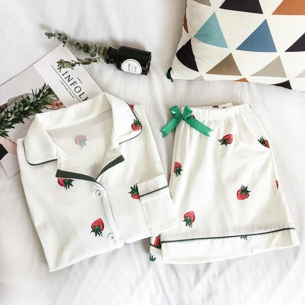 Y2K Strawberry Print Shorts Set for Women: Short Sleeve Collar Top & Elastic Waist Bottoms