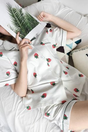 Y2K Strawberry Print Shorts Set for Women: Short Sleeve Collar Top & Elastic Waist Bottoms