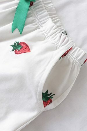 Y2K Strawberry Print Shorts Set for Women: Short Sleeve Collar Top & Elastic Waist Bottoms