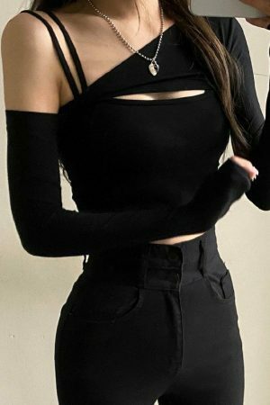 Y2K Streetwear 2-Piece Crooked Collar Long Sleeve T-Shirt & Cami Crop Top