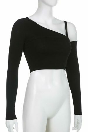 Y2K Streetwear 2-Piece Crooked Collar Long Sleeve T-Shirt & Cami Crop Top