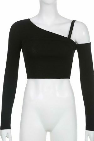 Y2K Streetwear 2-Piece Crooked Collar Long Sleeve T-Shirt & Cami Crop Top