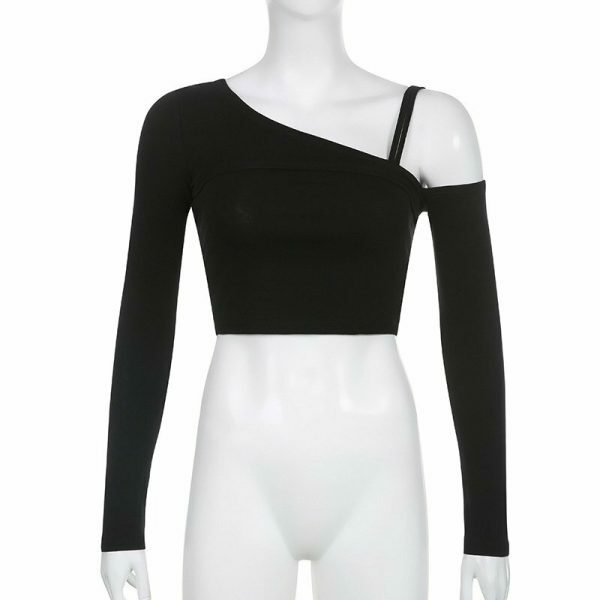 Y2K Streetwear 2-Piece Crooked Collar Long Sleeve T-Shirt & Cami Crop Top