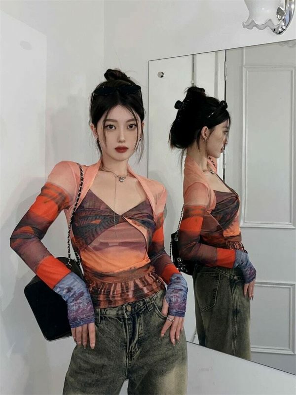 Y2K Streetwear Abstract Print Sheer Long Sleeve Top