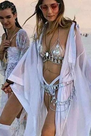 Y2K Streetwear: Acrylic Gems Bralette Halter Crop Top & Belly Skirt Body Chain - Women's Carnival Beach Outfit