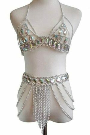 Y2K Streetwear: Acrylic Gems Bralette Halter Crop Top & Belly Skirt Body Chain - Women's Carnival Beach Outfit