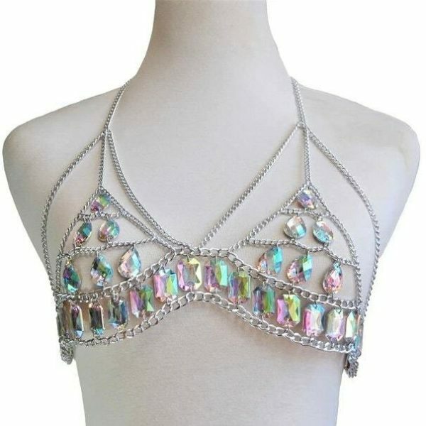 Y2K Streetwear: Acrylic Gems Bralette Halter Crop Top & Belly Skirt Body Chain - Women's Carnival Beach Outfit