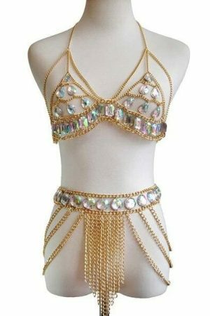 Y2K Streetwear: Acrylic Gems Bralette Halter Crop Top & Belly Skirt Body Chain - Women's Carnival Beach Outfit