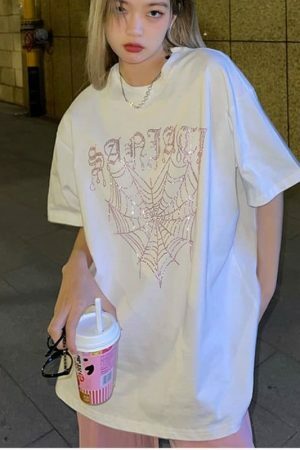 Y2K Streetwear Aesthetic Tee, Short Sleeve Loose Fit, Korean Harajuku Fashion