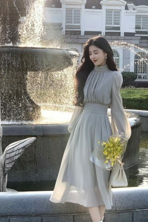 Y2K Streetwear Autumn Winter Dress - Elegant Solid Color Fairy Princess Wedding Guest Formal Party