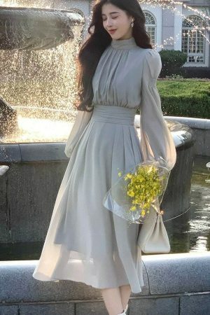 Y2K Streetwear Autumn Winter Dress - Elegant Solid Color Fairy Princess Wedding Guest Formal Party