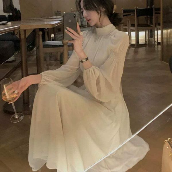 Y2K Streetwear Autumn Winter Dress - Elegant Solid Color Fairy Princess Wedding Guest Formal Party