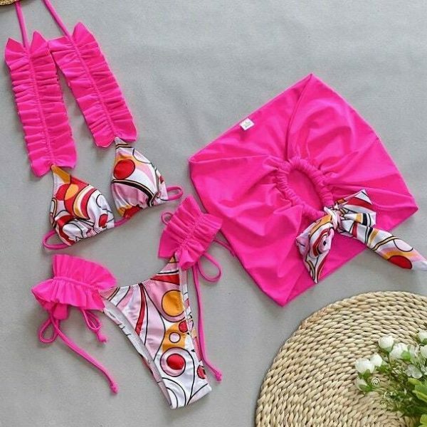 Y2K Streetwear Bikini Set: Ruffle Beachwear Top, Bottom, Skirt - 3-Piece Swim Ensemble