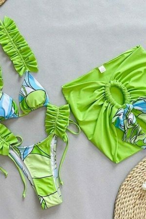 Y2K Streetwear Bikini Set: Ruffle Beachwear Top, Bottom, Skirt - 3-Piece Swim Ensemble