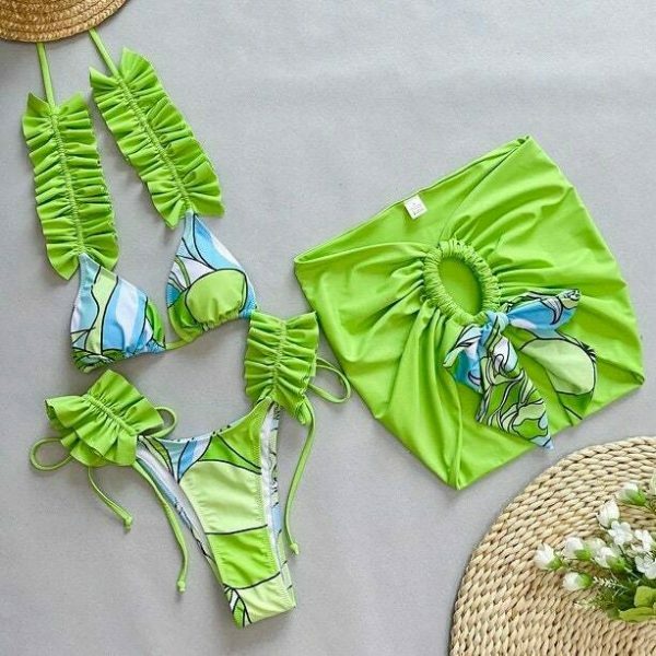 Y2K Streetwear Bikini Set: Ruffle Beachwear Top, Bottom, Skirt - 3-Piece Swim Ensemble