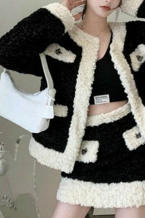 Y2K Streetwear Black and White Fur Co-Ord Set