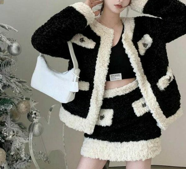 Y2K Streetwear Black and White Fur Co-Ord Set