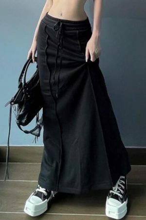 Y2K Streetwear Black Straight Long Maxi Skirt for Women