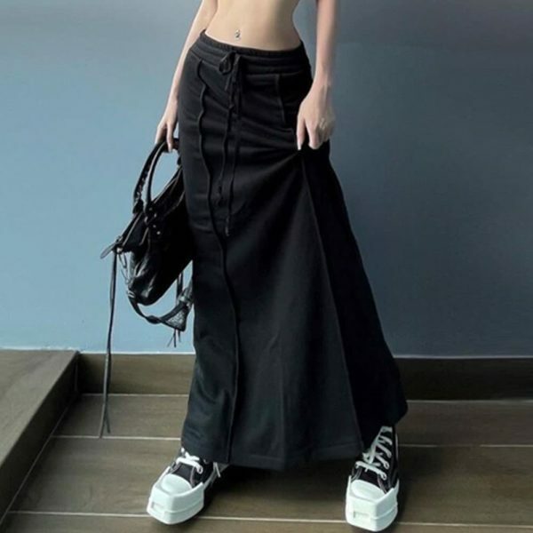 Y2K Streetwear Black Straight Long Maxi Skirt for Women