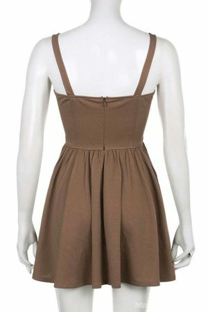 Y2K Streetwear Brown Pleated Sleeveless Korean Style Dress