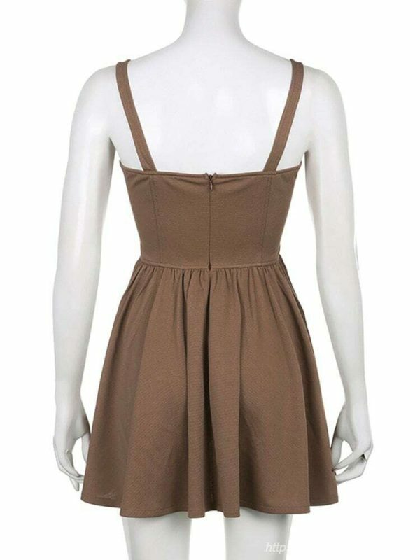 Y2K Streetwear Brown Pleated Sleeveless Korean Style Dress