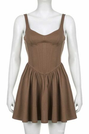 Y2K Streetwear Brown Pleated Sleeveless Korean Style Dress