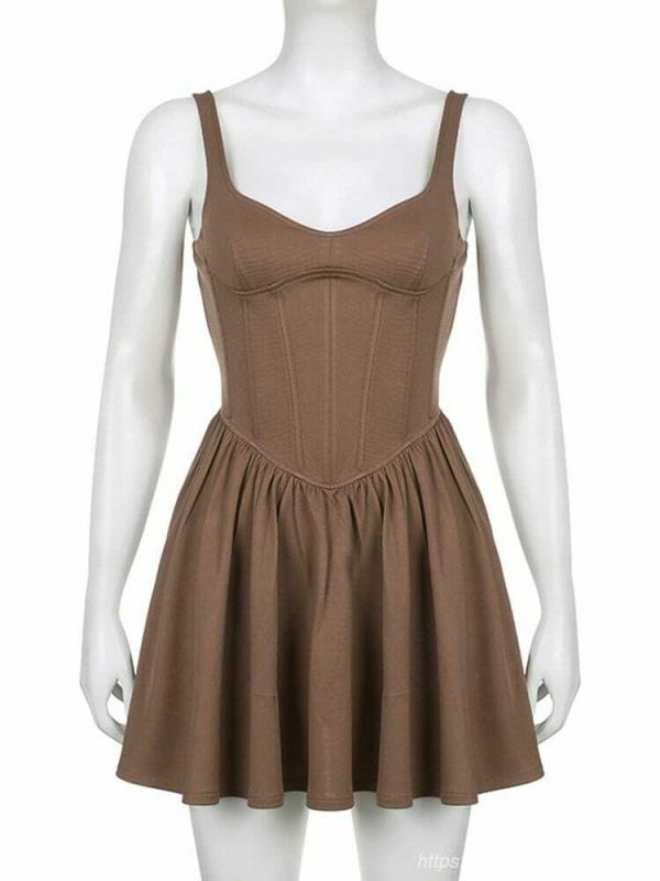 Y2K Streetwear Brown Pleated Sleeveless Korean Style Dress