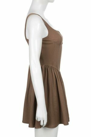 Y2K Streetwear Brown Pleated Sleeveless Korean Style Dress