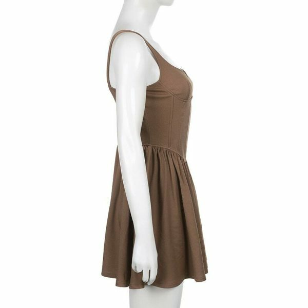 Y2K Streetwear Brown Pleated Sleeveless Korean Style Dress