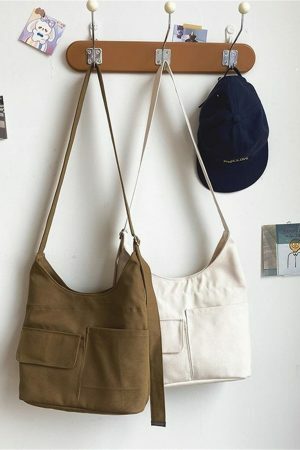 Y2K Streetwear Canvas Tote Bag with Multi-Pockets