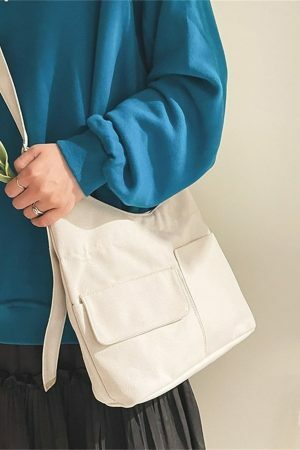 Y2K Streetwear Canvas Tote Bag with Multi-Pockets