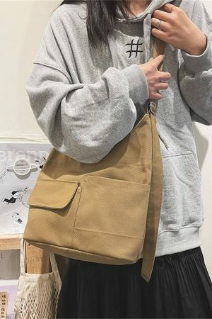 Y2K Streetwear Canvas Tote Bag with Multi-Pockets