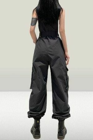 Y2K Streetwear Charcoal Cargo Jumpsuit High Waist Women's Fashion